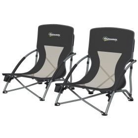 Set of 2 Folding Beach Chairs with Mesh Back, Carry Bag and Cup Holder for Outdoor Camping Lawn Sports Picnic, Black