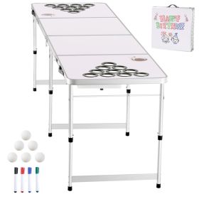8 Foot Portable Beer Pong Table, Folding Tailgate Table, Cup Holes, Dry Erase Markers and Carrying Handles, Adjustable Height