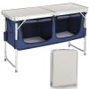 4FT Portable Folding Camping Table with Storage, Aluminum Outdoor Cooking Station with 2 Adjustable Legs, Blue