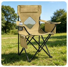 Folding Camping Chair, Heavy-Duty Metal Frame Portable Outdoor Chair with Cup Holder, Insulated Cooler Bag & Side Pocket for Camping Fishing Beach