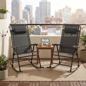 Folding Rocking Chair Set of 2, Outdoor Patio Rockers with Padded Headrest, Portable Leisure Chairs for Porch, Garden, Camping, Smooth Glide, Black