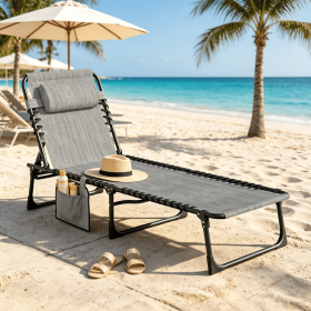 Gray Portable Folding Chaise Lounge Chair Outdoor Sun Tanning Lounger with Side Pocket 5-Position Reclining Back Headrest for Pool Camping Yard