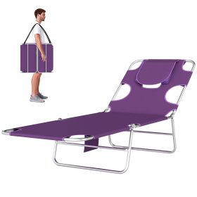 Tanning Chair with Face Hole, 5-Level Adjustable Outdoor Chaise Lounge Chair with Pillow for Beach, Pool, Purple
