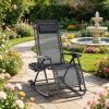 Black Outdoor Rocking Chair Foldable Reclining Zero Gravity Lounge Rocker with Pillow Cup & Phone Holder Combo Design with Folding Legs