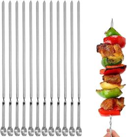 12PCS Kabob Skewers Flat Metal BBQ Barbecue Skewers 16" Long Hook Style Stainless Steel Shish Kebob Sticks Wide Sharp Reusable Grilling Skewers Set fo