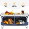 4FT Portable Folding Camping Table with Storage, Aluminum Outdoor Cooking Station with 2 Adjustable Legs, Blue