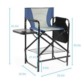 26" Tall Directors Chair with Footrest, 4Portable Bar Height Folding Camping Chair with Built-in Cup Holder, Side Table, Storage Pocket, Gray & N