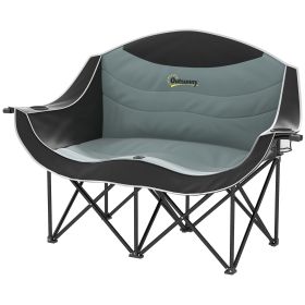 Padded Folding Camp Chair for Adults, Double Camping Chairwith Armrests, Cup Holders, Carry Bag for Outdoor, Black (Color: Black)