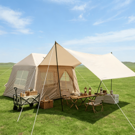 5.72m² Inflatable Camping Tent, Easy Setup 4 Season Windproof Glamping Tent with Mesh Windows & Pump, Outdoor Cotton Tent (Color: as Pic)