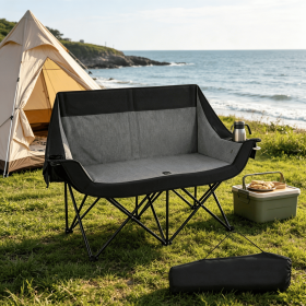 Heated Double Camping Chair 4 Heating Zones Wine Glass Holders Outdoor Portable Comfortable Seat for Camping Trips (Color: Black)