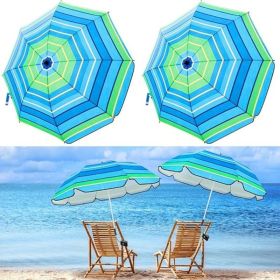 2 Pcs Automatic Chair Umbrella with Universal Clamp 44" UPF 50+ Portable Clamp on Beach Chair Adjustable Wheelchair Umbrella for Outdoor Patio Parasol (Color: Blue and Green Stripe)