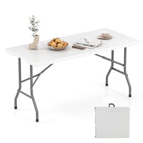 5FT Folding Picnic Table with Wood Grain HDPE Tabletop and  Non-slip Foot Pads (Color: White)