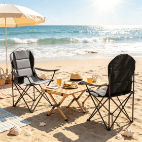 2-Pack Folding Camping Chairs for Adults with Cup Holders Portable Outdoor Seat with Beverage Storage (Color: Black + Gray)