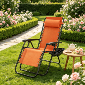 Portable Zero Gravity Chair with Cup Holder And Tray Backrest Adjustable Outdoor Recliner Camping Lawn Furniture (Color: Orange)