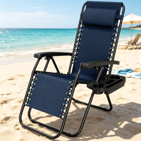 Portable Zero Gravity Chair with Cup Holder And Tray Backrest Adjustable Outdoor Recliner Camping Lawn Furniture (Color: Navy)
