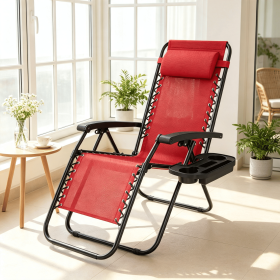Portable Zero Gravity Chair with Cup Holder And Tray Backrest Adjustable Outdoor Recliner Camping Lawn Furniture (Color: Red)