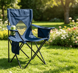 Folding Camping Chair Mesh Backrest  Metal Frame with Carrying Bag Outdoor Portable Reclining Camp Seat (Color: Blue + Black)