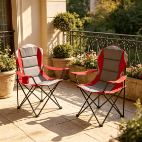 2-Pack Folding Camping Chairs for Adults with Cup Holders Portable Outdoor Seat with Beverage Storage (Color: Red + Gray)